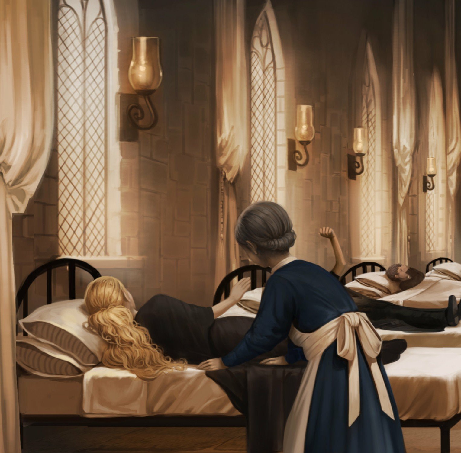 Hermione falls foul of the Basilisk: 3 students lay in the beds in the Nursing wing, the closest one is a blonde girl with her backk to us being tended to by the nurse; the middle one is unseen apart from their legs and raised hand; the last is a male with his right hand over his face