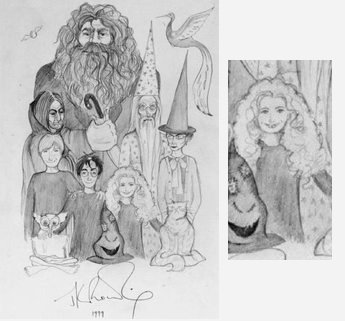 A sketch of Hagrid, Snape, Dumbledore, McGonagall, Ron, Harry, Hermione, the Sorting Hat and Dobby all stood together; a close up shows the Hermione sketch: long bushy hair and pale skin