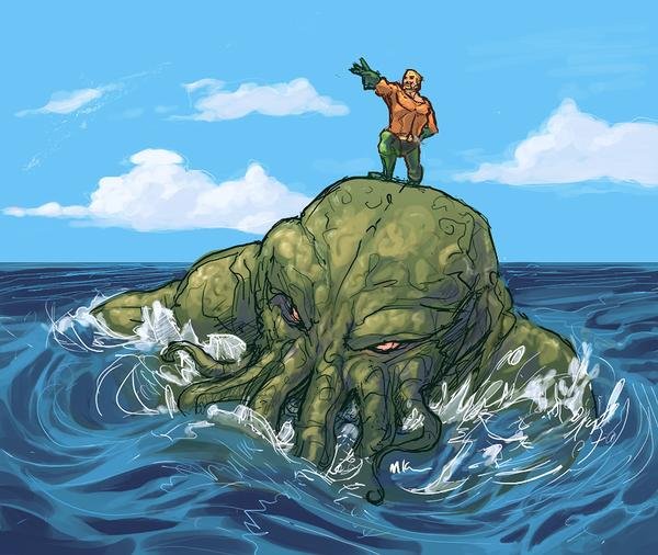 Aquaman, in a commanding pose, stands on top of Cthulhu's head. Cthulhu is green, scaly and enormous. Waves crash around Cthulhu's writhing tentacles.