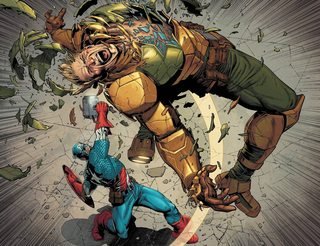 Secret Empire Cap lifts Mjolnir and hits Hydra Cap with it