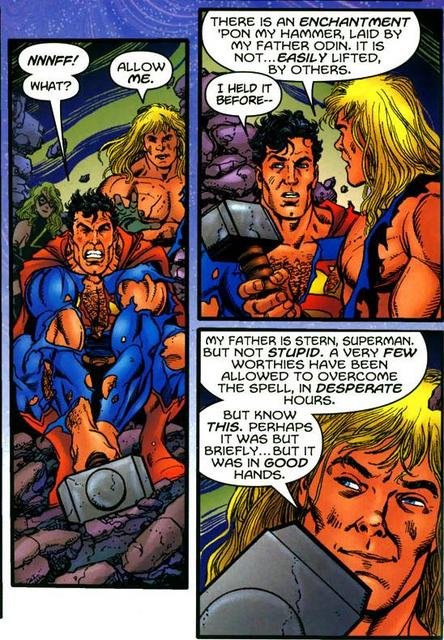 Superman attempting to lift Mjolnir but finds he is unable to. Thor says "allow me", and then the dialogue described above.