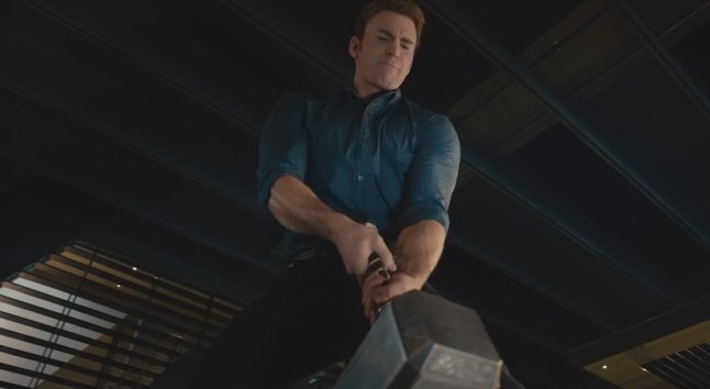 Captain America straining to pick up Mjolnir in "Age of Ultron"
