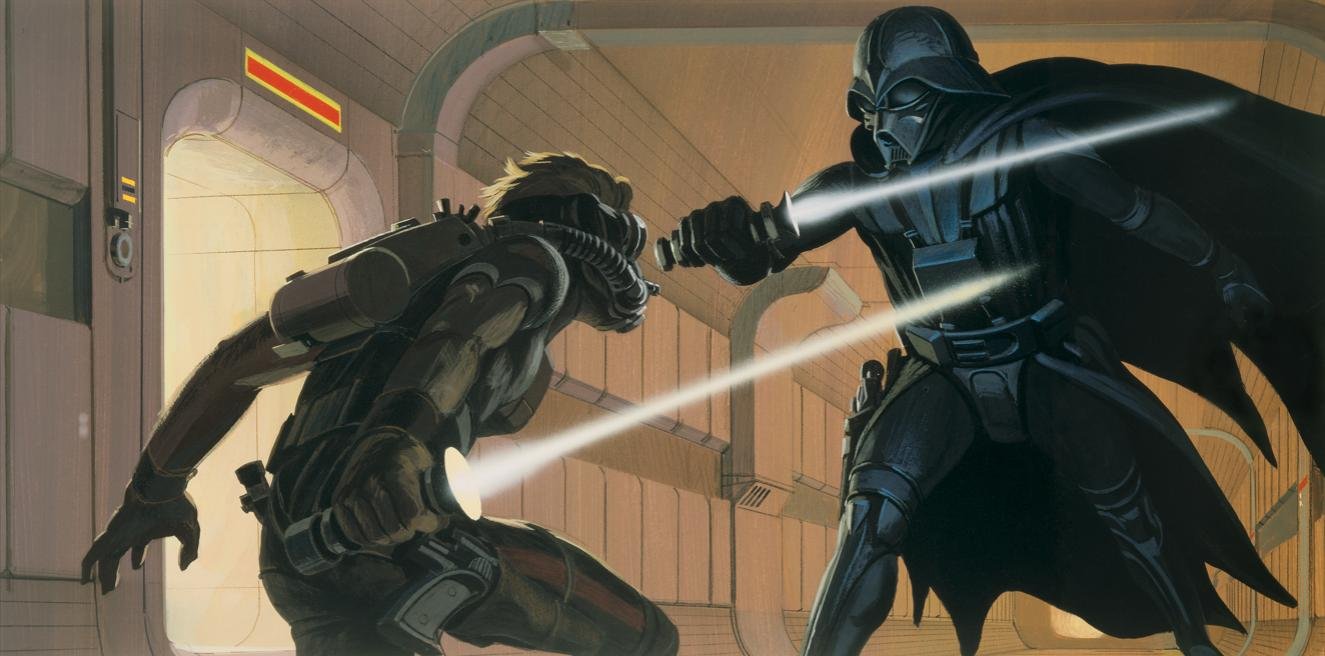 Deak Starkiller confronts Darth Vader in the corridor of a ship of some kind.