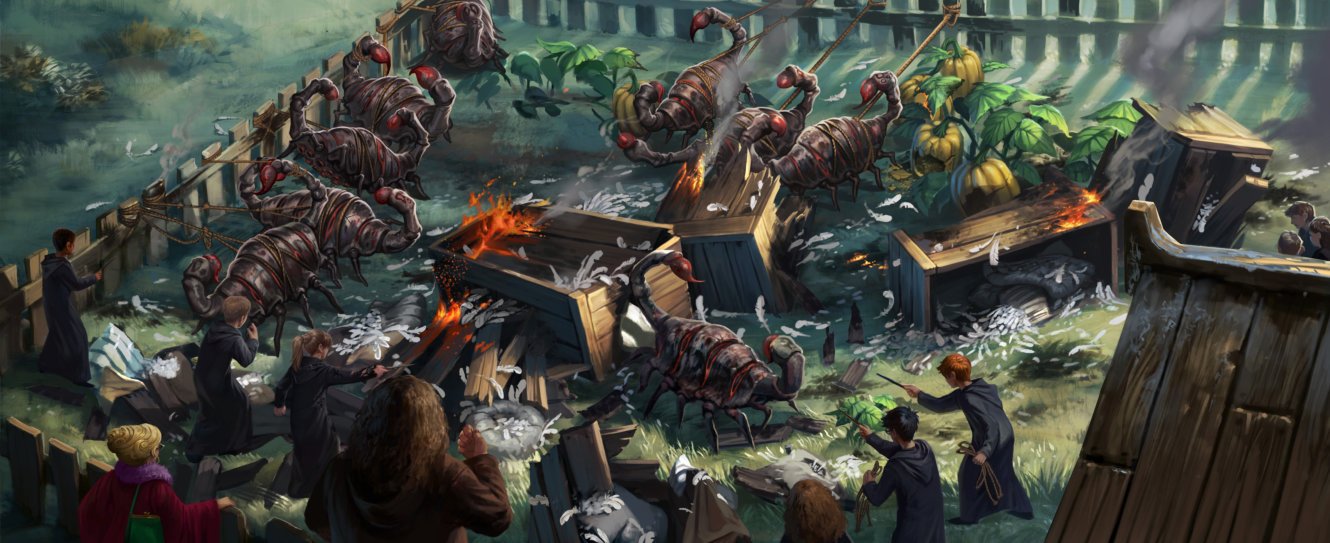 Hagrid lead a group of students using their wands against a group of Blast-Ended Skrewts in the vegetable patch at his hut