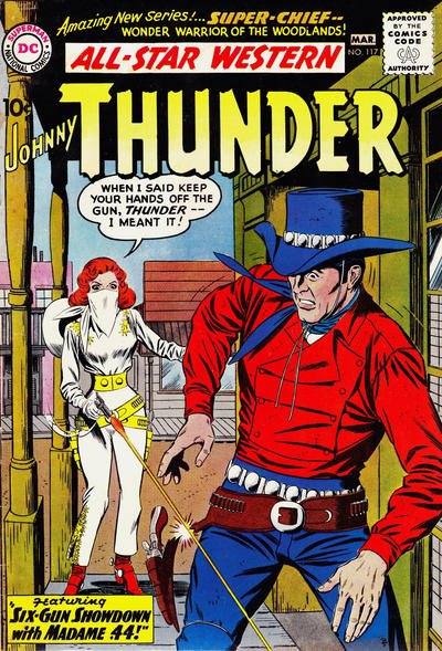 All-Star Western 117 cover; female gunner ripping the holster out of a male gunner's belt with a bullet